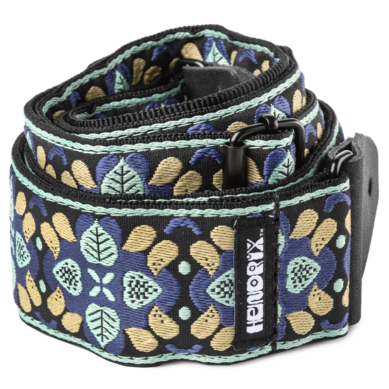 Dunlop Jimi Hendrix Foliate Guitar Strap 2-inch adjustable jacquard weaving black backing leather ends metal buckles blue cream — view 2