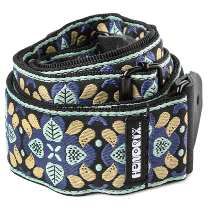 Dunlop Jimi Hendrix Foliate Guitar Strap 2-inch adjustable jacquard weaving black backing leather ends metal buckles blue cream — view 2