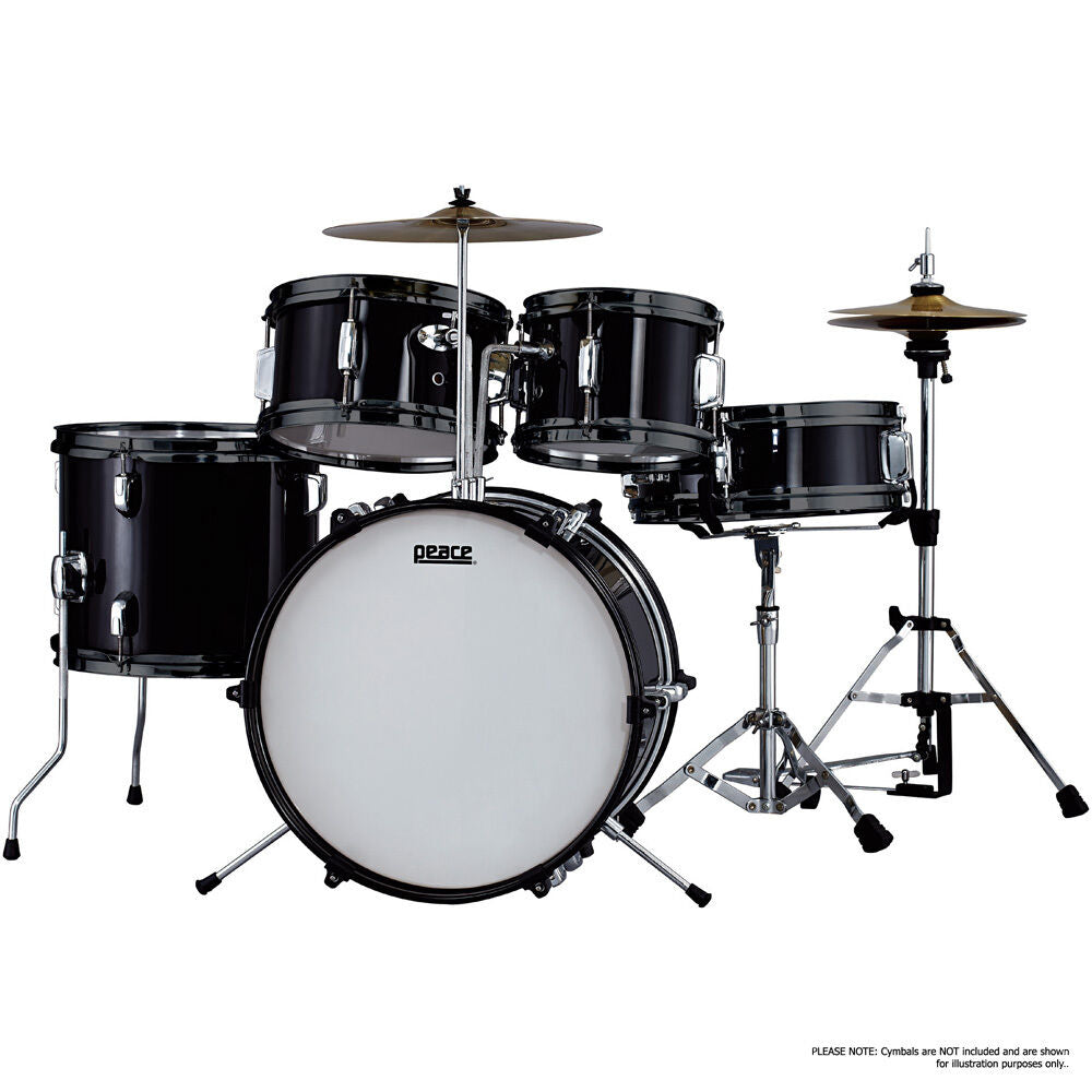Peace 5-Piece Junior Drum Kit Black with Hardware, Poplar Plywood Shells, Includes Hi-Hat Stand, Snare Stand, Cymbal Holder, Bass Drum Pedal