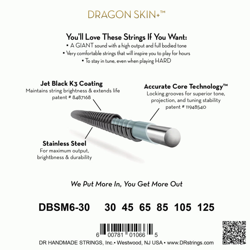 DR Black Dragon Bass Strings - 6-String Medium 30-125, Tapered Multi-Scale, Black Coated Wrap Wire — view 4