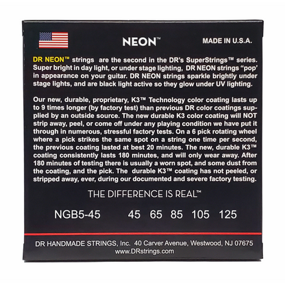 DR Hi-Def Neon Green 5-String Bass Strings Medium 45-125 with K3 Coating — view 3