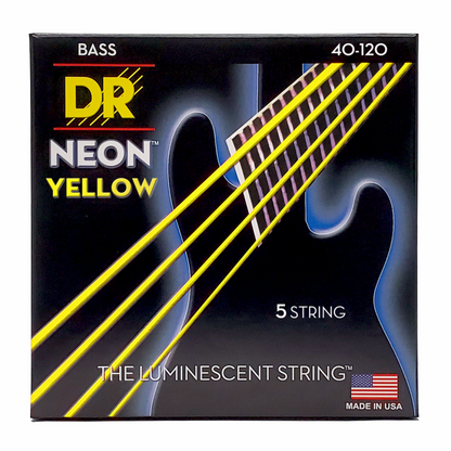 DR Hi-Def Neon Yellow 5-String Light Bass Strings 40-120 with K3 Coating for Enhanced Sound Quality