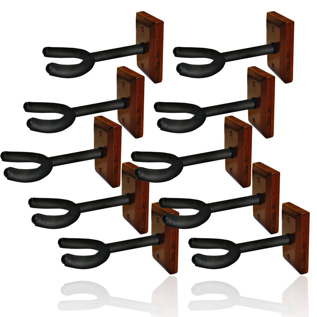 10 x Guitar Wall Hangers, foam padded hook, wood block mount  wooden, base