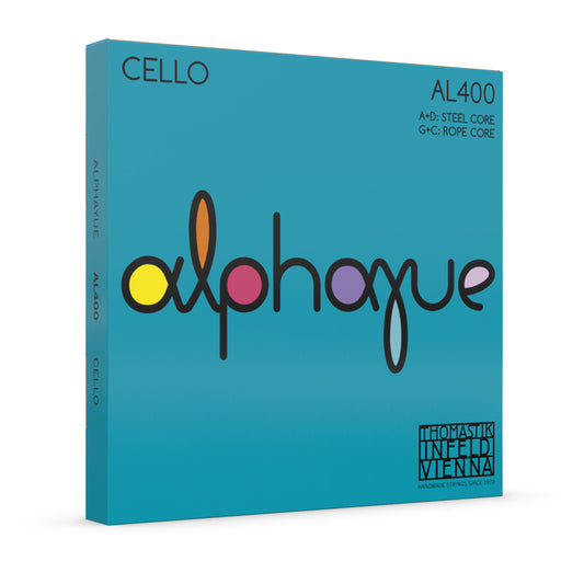 Thomastik AL400 Alphayue Cello String Set - Medium Gauge, 4/4, 3/4, 1/2, 1/4, 1/8 Sizes, Carbon Steel & Chrome Wound Strings