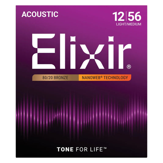 Elixir 11077 Nanoweb 80/20 Light-Med Acoustic Guitar Strings 12-56 Gauge