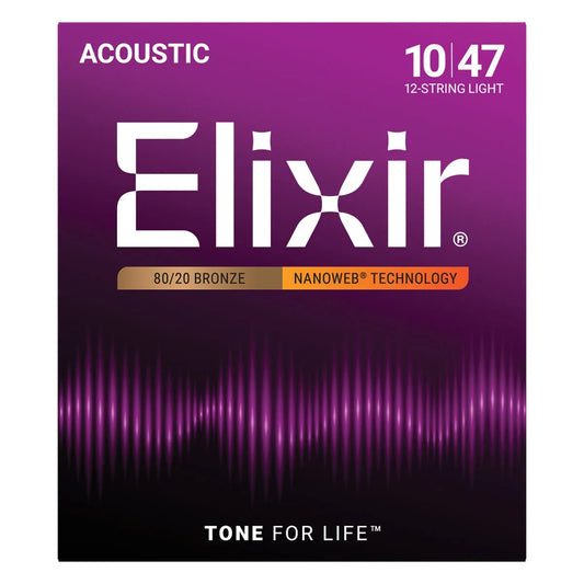 Elixir 11152 Nanoweb 80/20 12 String Light Guitar Strings 10-47