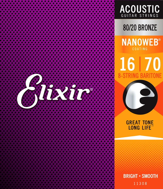 Elixir 11308 Nanoweb 80/20 Acoustic Baritone 8 String Guitar Strings 16-70