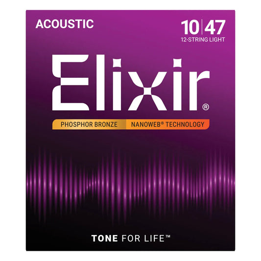 Elixir 16152 Nanoweb Phosphor Bronze 12 String Light Guitar Strings 10-47