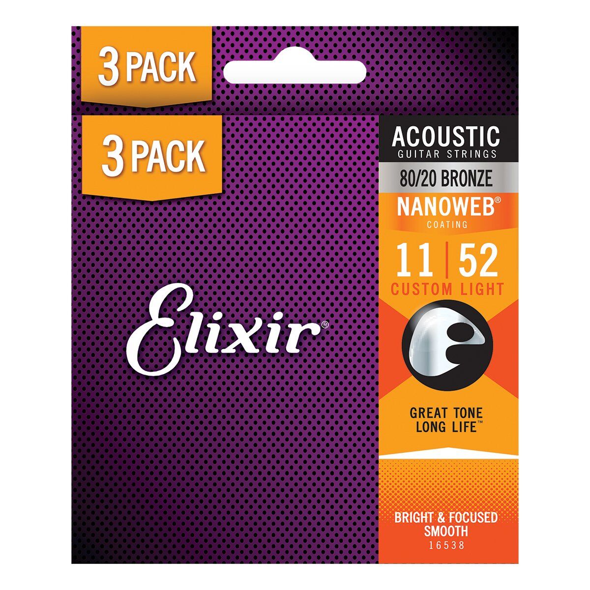 Elixir 16538 Nanoweb 80/20 Bronze Acoustic Guitar Strings 11-52 3 Pack
