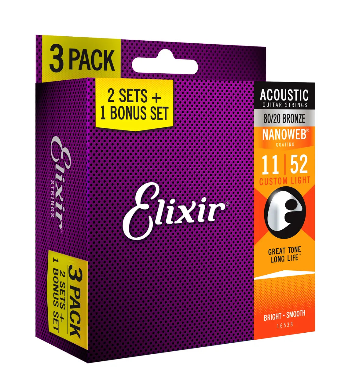 Elixir 16538 Nanoweb 80/20 Acoustic Guitar Strings 11-52 Custom Light 3 Pack — view 2