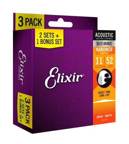 Elixir 16538 Nanoweb 80/20 Acoustic Guitar Strings 11-52 Custom Light 3 Pack — view 2