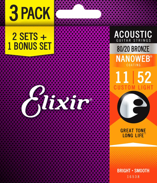 Elixir 16538 Nanoweb 80/20 Acoustic Guitar Strings 11-52 Custom Light 3 Pack