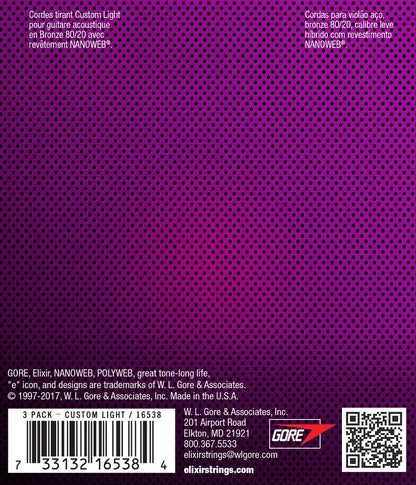 Elixir 16538 Nanoweb 80/20 Acoustic Guitar Strings 11-52 Custom Light 3 Pack — view 3