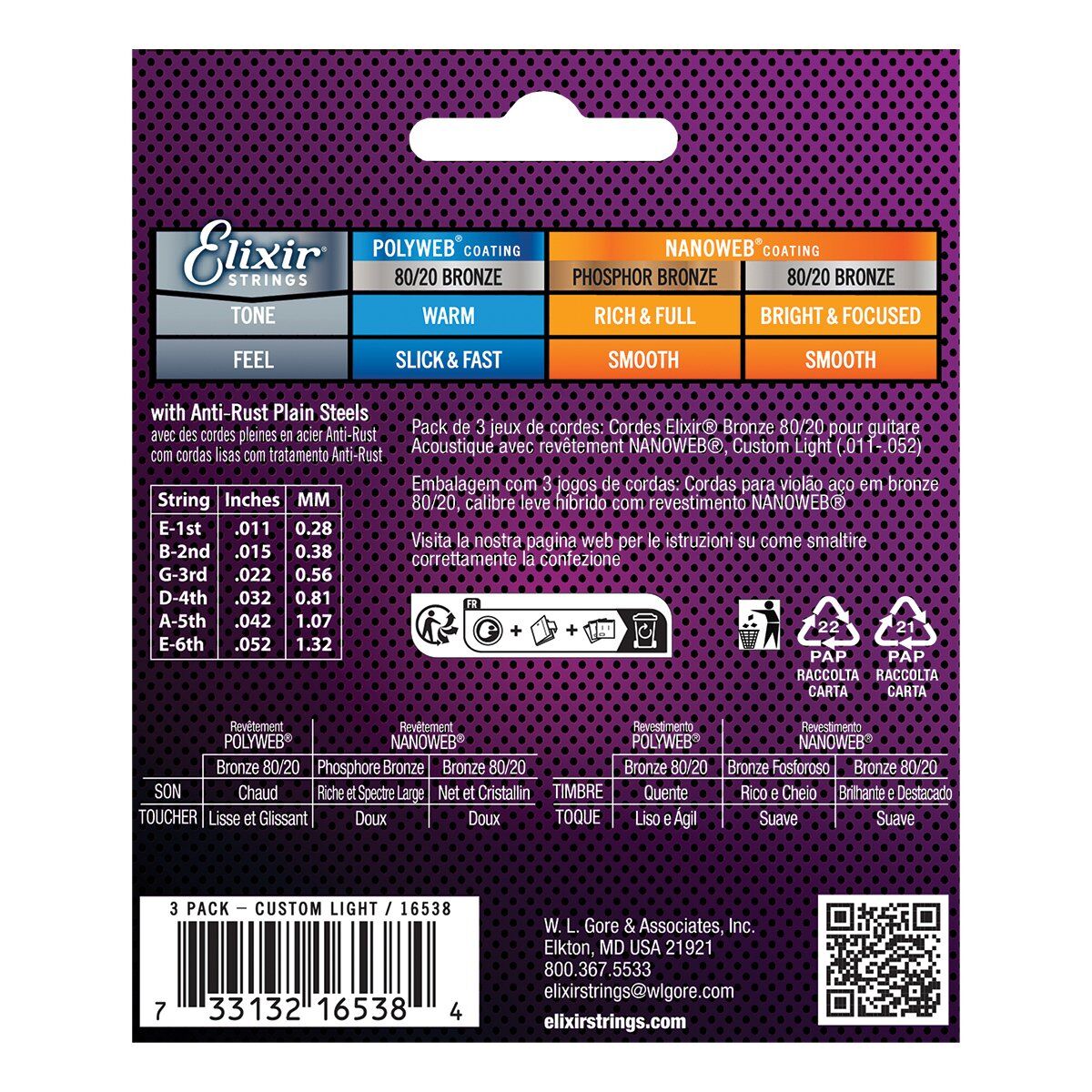 Elixir 16538 Nanoweb 80/20 Bronze Acoustic Guitar Strings 11-52 3 Pack — view 2