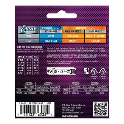 Elixir 16538 Nanoweb 80/20 Bronze Acoustic Guitar Strings 11-52 3 Pack — view 2