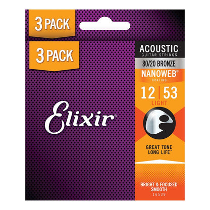 Elixir 16539 Nanoweb 80/20 Acoustic Guitar Strings 12-53 Light 3 Pack