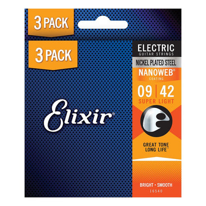 Elixir 16540 NANOWEB Electric Guitar Strings 9-42 Super Light 3 Pack