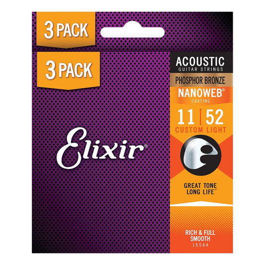 Elixir 16544 Nanoweb Phosphor Bronze Acoustic Guitar Strings 11-52 3 Pack