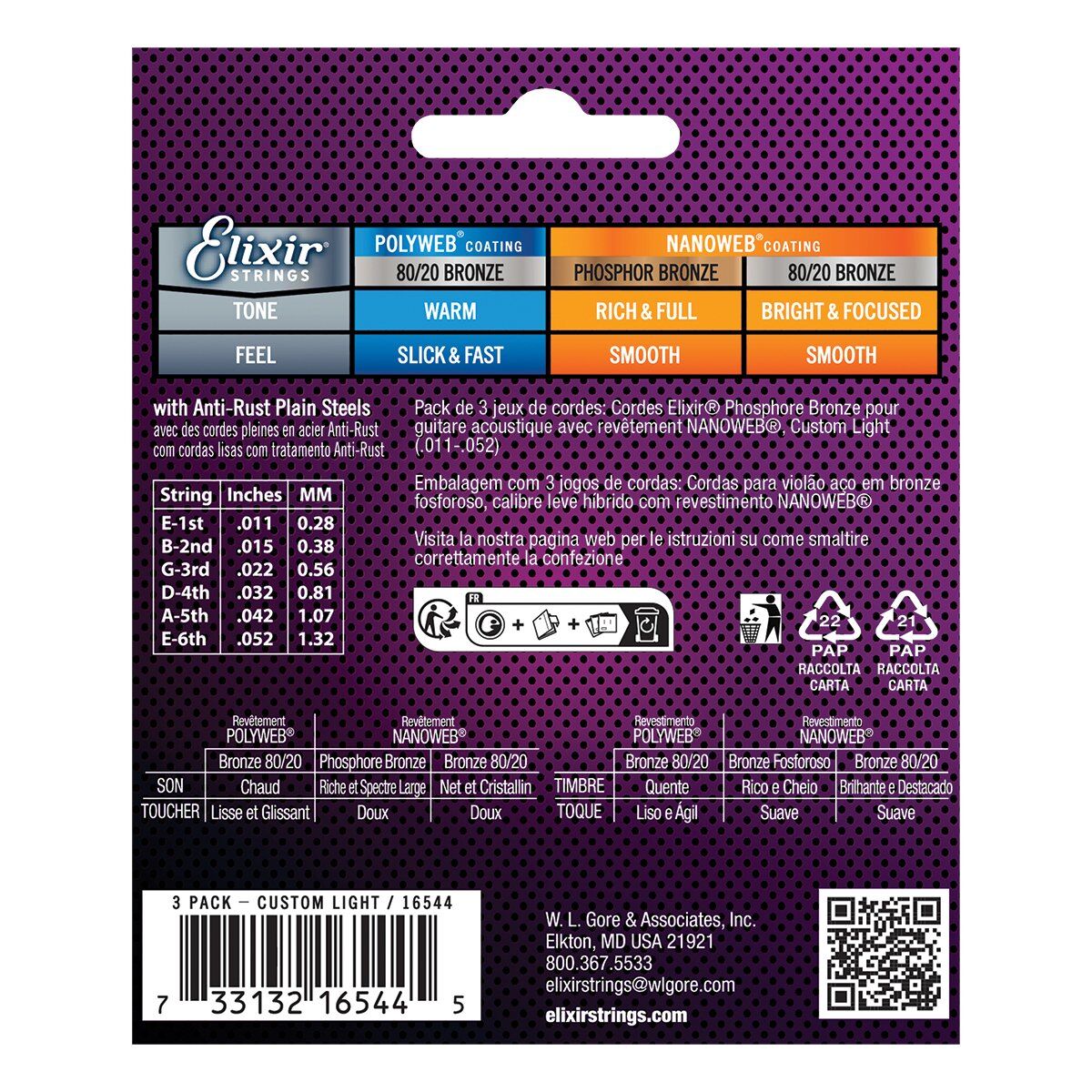 Elixir 16544 Nanoweb Phosphor Bronze Acoustic Guitar Strings 11-52 3 Pack — view 2