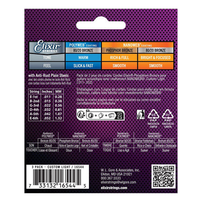 Elixir 16544 Nanoweb Phosphor Bronze Acoustic Guitar Strings 11-52 3 Pack — view 2