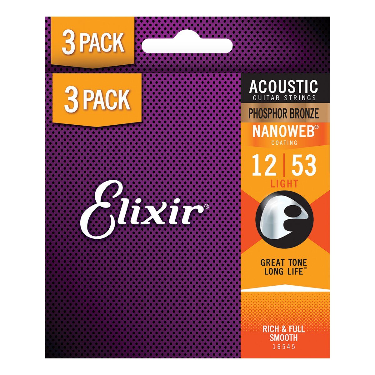 Elixir 16545 NANOWEB Phosphor Bronze Acoustic Strings 12-53 Light 3 Pack