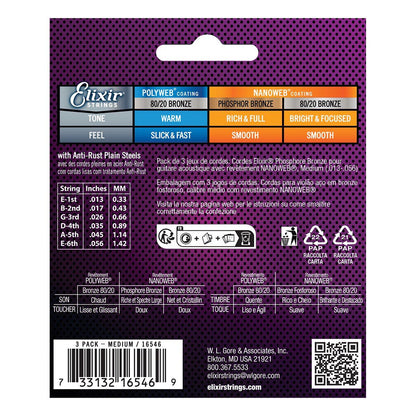 Elixir 16546 NANOWEB Phosphor Bronze Medium Acoustic Guitar Strings 3 Pack — view 2