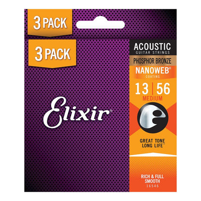 Elixir 16546 NANOWEB Phosphor Bronze Medium Acoustic Guitar Strings 3 Pack