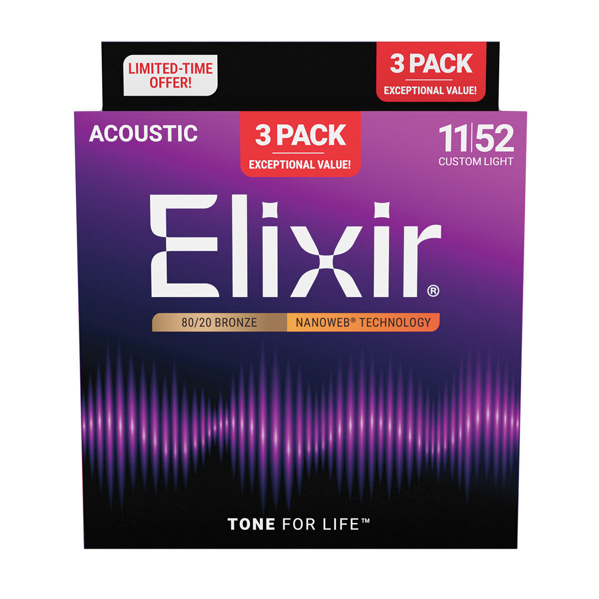 Elixir Nanoweb 80/20 Acoustic Guitar Strings 11-52 Custom Light 3 Pack [E16564] — view 2