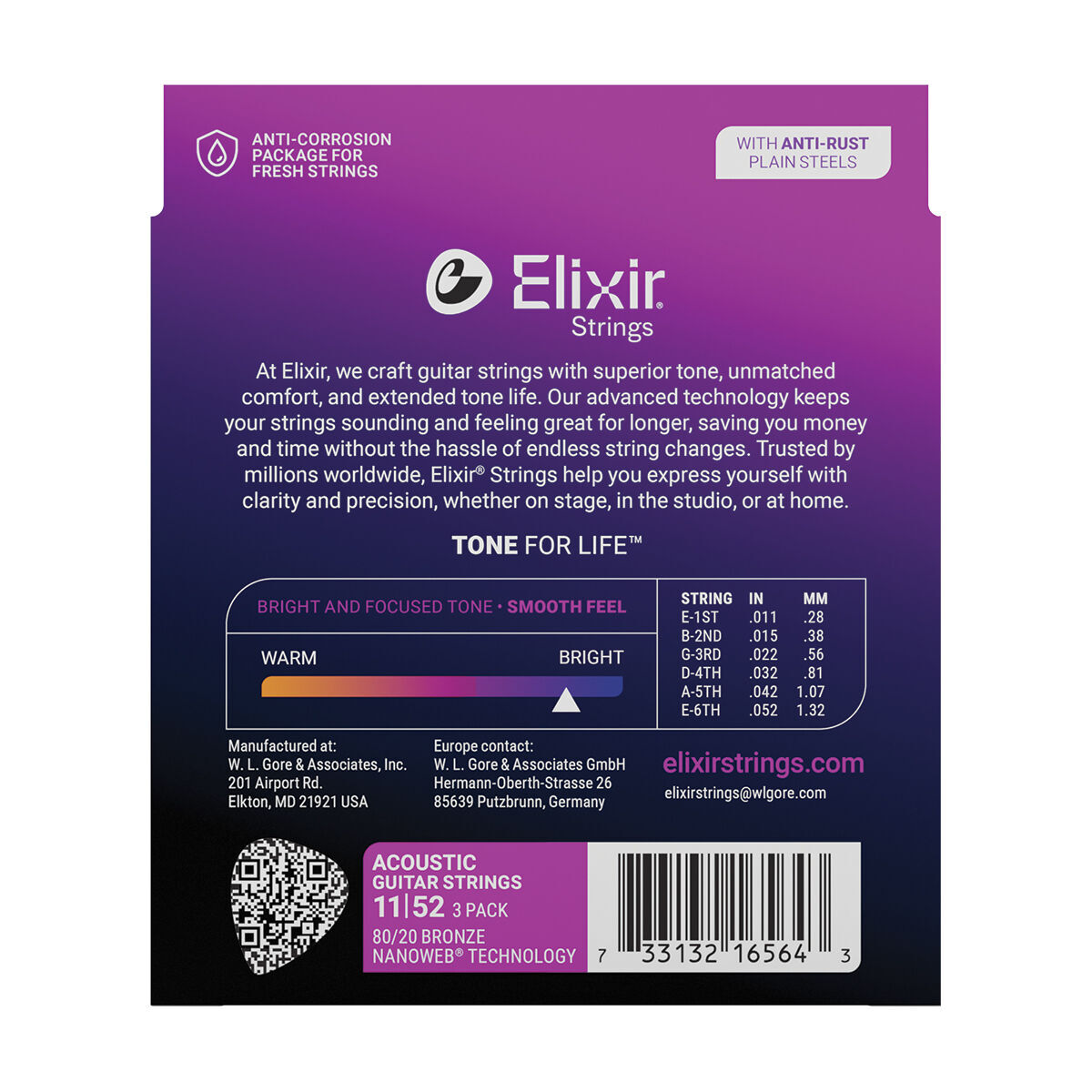 Elixir Nanoweb 80/20 Acoustic Guitar Strings 11-52 Custom Light 3 Pack [E16564] — view 3