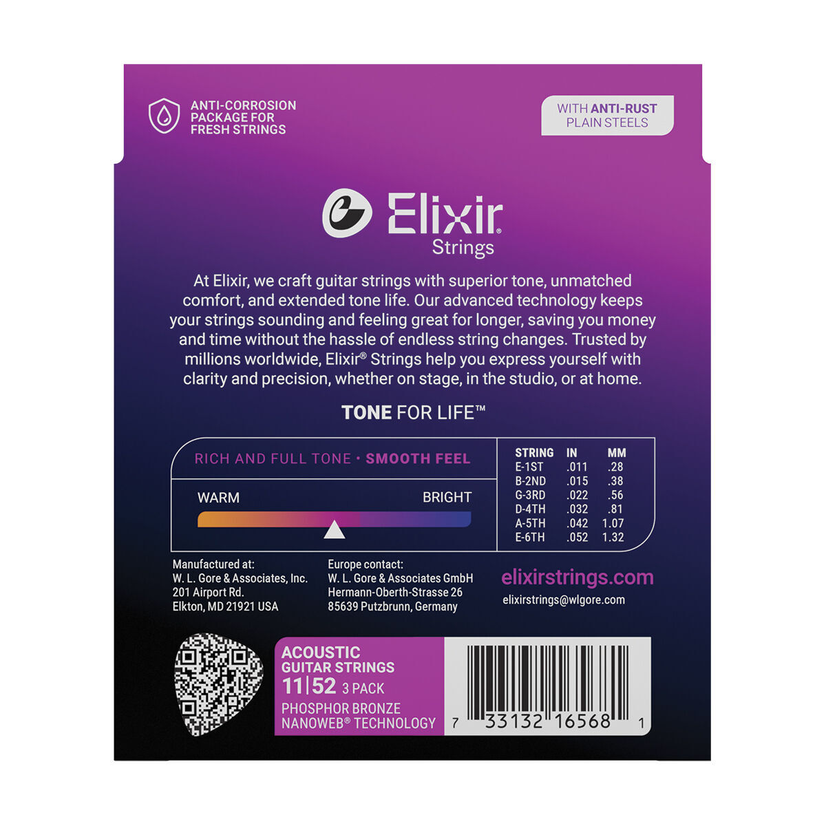 Elixir Nanoweb Phosphor Bronze Acoustic Guitar Strings 11-52 Custom Light 3 Pack [E16568] — view 3