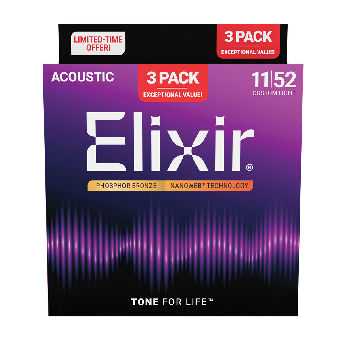 Elixir Nanoweb Phosphor Bronze Acoustic Guitar Strings 11-52 Custom Light 3 Pack [E16568] — view 2