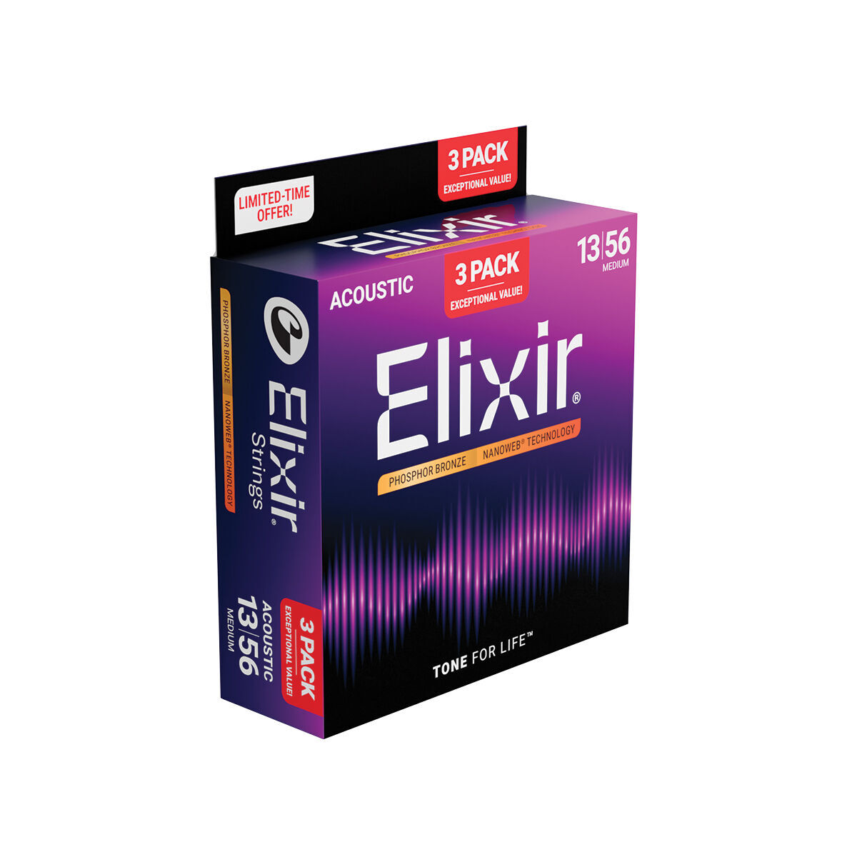 Elixir Nanoweb Phosphor Bronze 13-56 Acoustic Guitar Strings 3 Pack Medium [E16570]