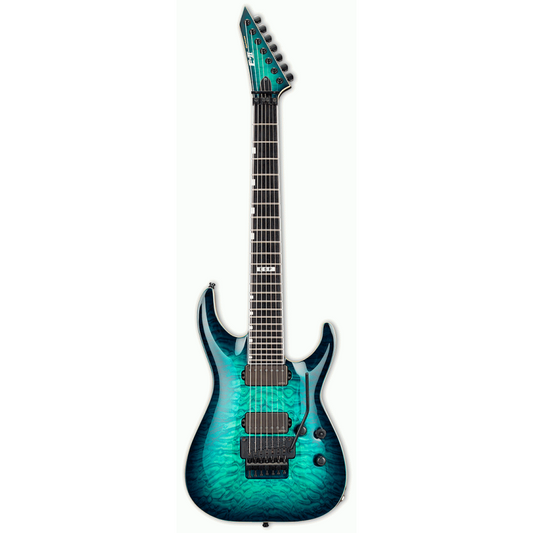 ESP E-II Horizon FR-7 7-String Guitar Black Turquoise Burst with Floyd Rose, Quilted Maple Top, Mahogany Body, Ebony Fingerboard, Hardshell Case