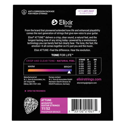 Elixir Attune Phosphor Bronze Custom Light Acoustic Guitar Strings 11-52 [E21027] — view 3