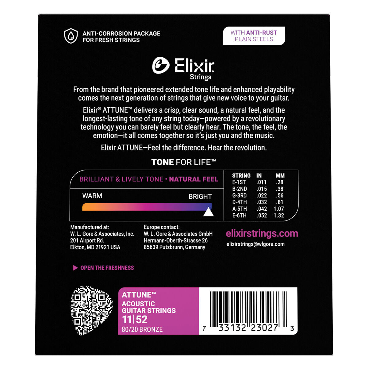 Elixir Attune 80/20 Bronze Custom Light Acoustic Guitar Strings 11-52 E23027 — view 3
