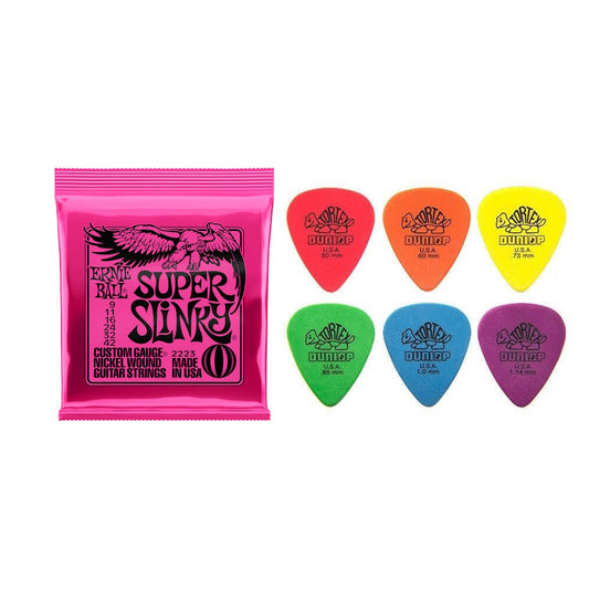 Ernie Ball Super Slinky + Dunlop Mixed Tortex Picks x6