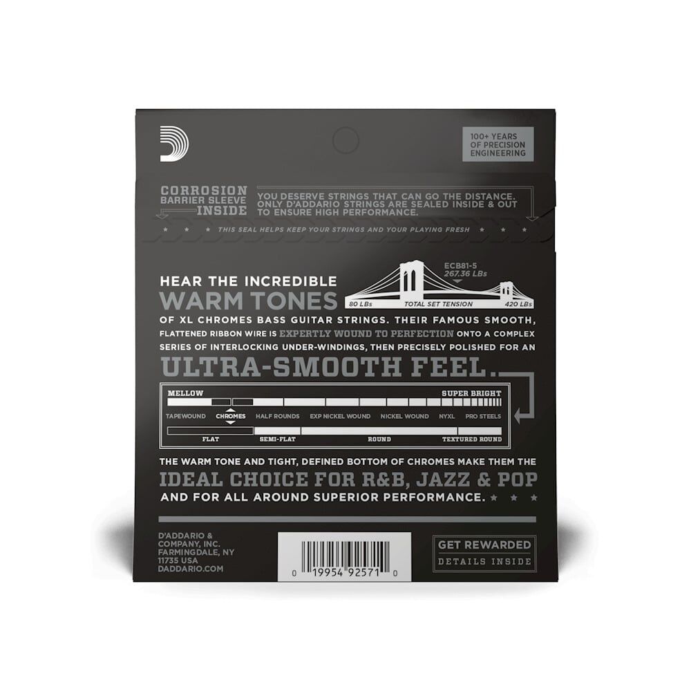 D'Addario ECB81-5 Chromes 5-String Bass Set 45/132 Flatwound Strings
