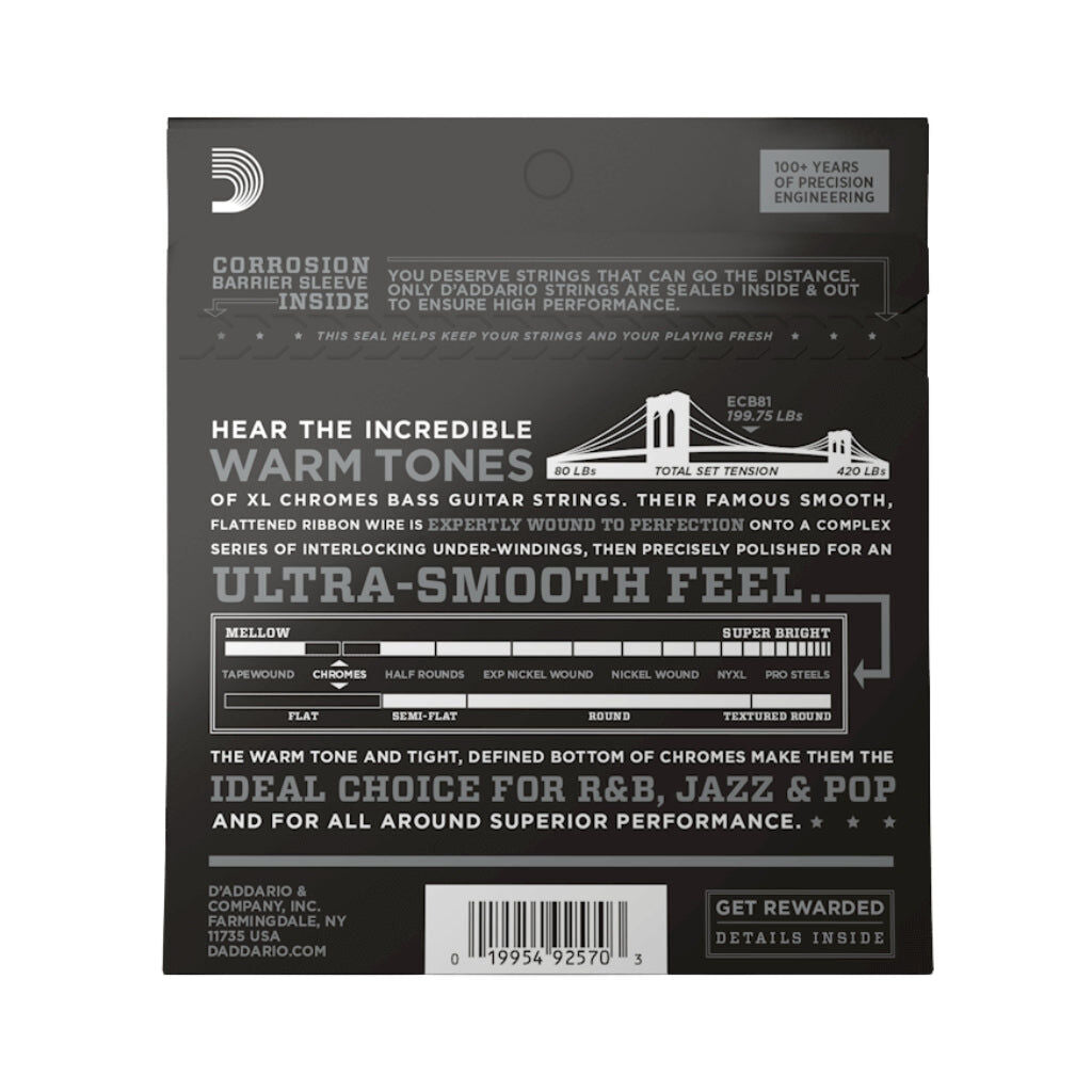 D'Addario XL Chromes Flatwound Bass Strings .045–.100 Regular Light Gauge Set for Electric Bass — view 3