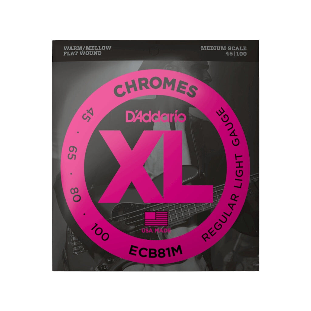 D'Addario XL Chromes 45-100 Regular Light Medium Scale Flat Wound Bass Guitar String Set