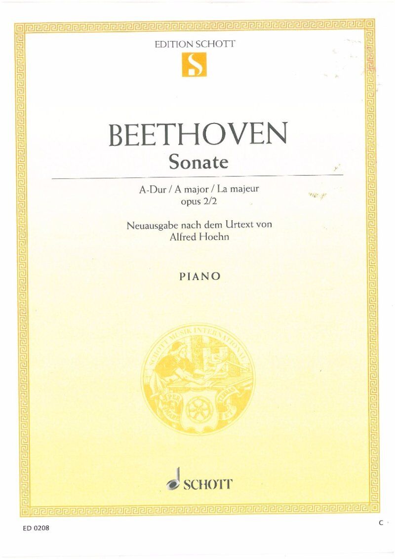 Beethoven Sonata Op 2 No 2 A for Piano, 24 Pages, Published by Schott Music