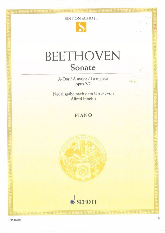 Beethoven Sonata Op 2 No 2 A for Piano, 24 Pages, Published by Schott Music