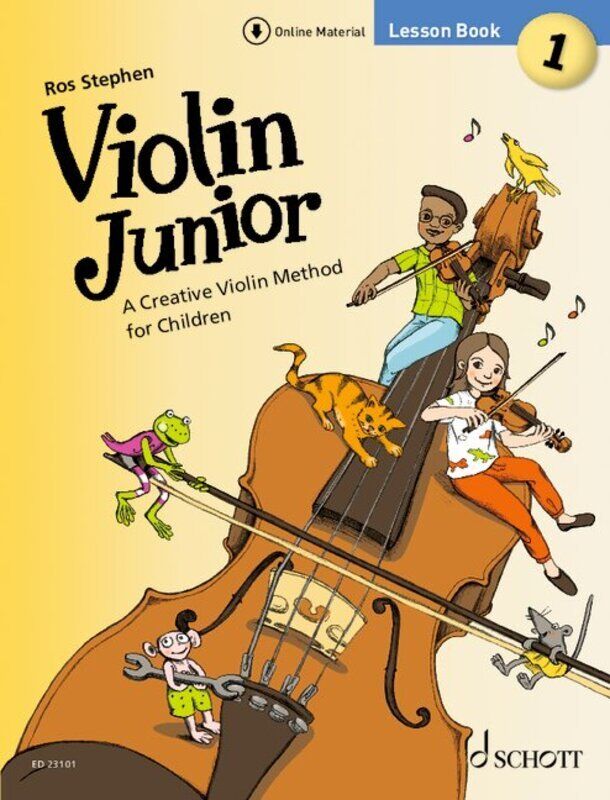 Violin Junior Lesson Book 1 by Schott Music, 76 pages, fun method for children, includes duets, exercises, audio tracks, and online materials.
