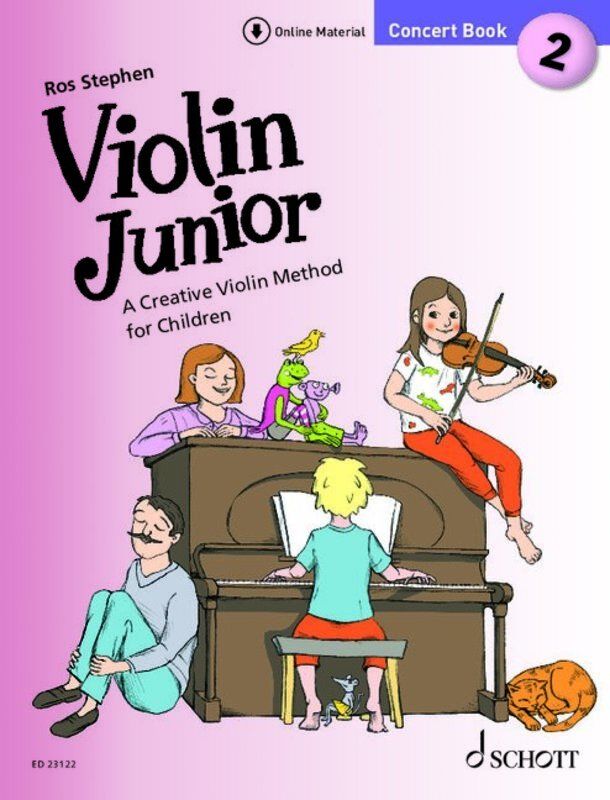 Violin Junior Concert Book 2 by Schott Music, 92 pages, includes duets, exercises, and audio tracks for young violinists.