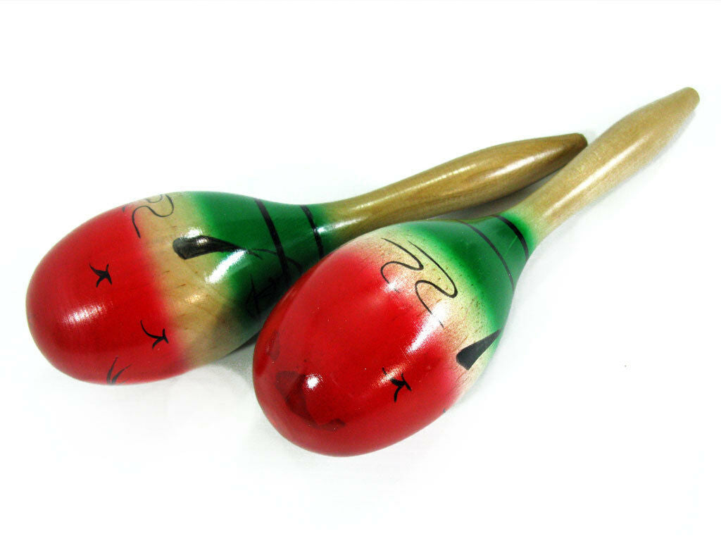 Mano Pair Of Wooden Maracas Hand Painted Tropical Design 10" Long