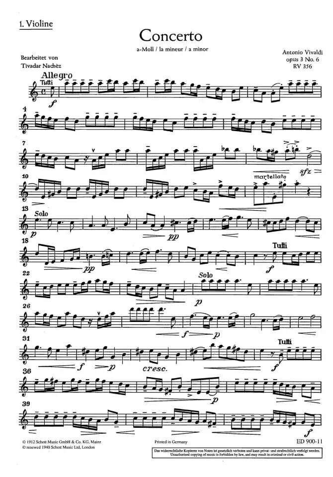Vivaldi L'Estro Armonico Op. 3/6 RV 356 Violin 1 Part Sheet Music