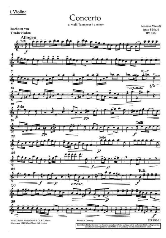 Vivaldi L'Estro Armonico Op. 3/6 RV 356 Violin 1 Part Sheet Music