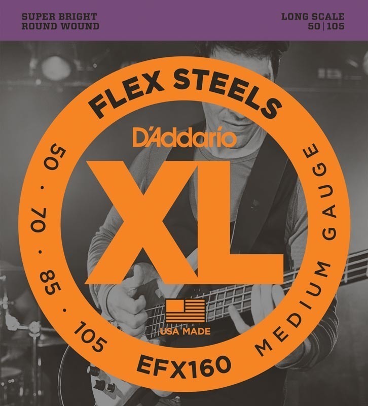 D'Addario EFX160 FlexSteels Bass Guitar Strings, Medium, 50-105, Long Scale