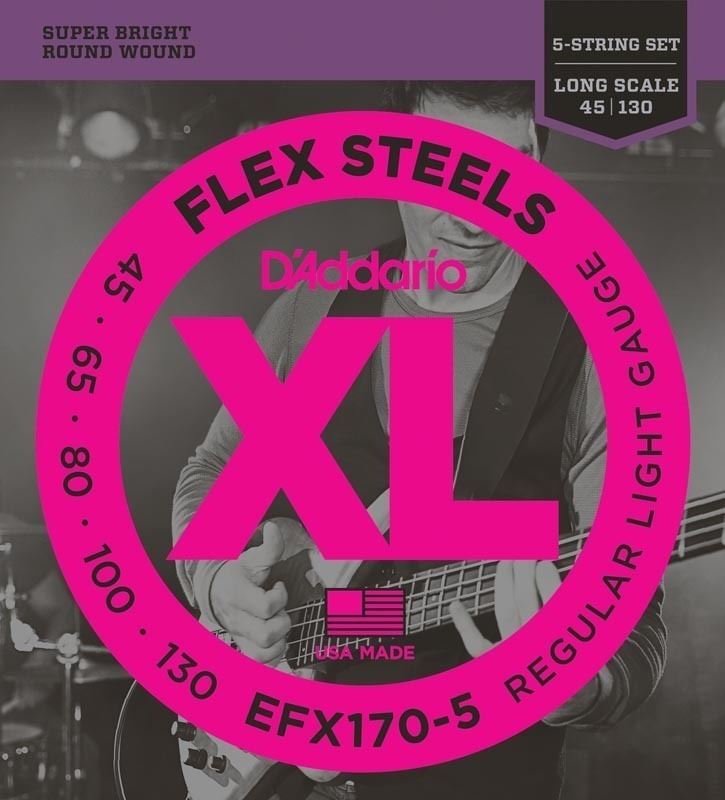 D'Addario EFX170-5 5-String FlexSteels Bass Guitar Strings, Light, 45-130, Long Scale