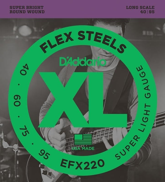 D'Addario EFX220 FlexSteels Bass Guitar Strings, Super Light, 40-95, Long Scale