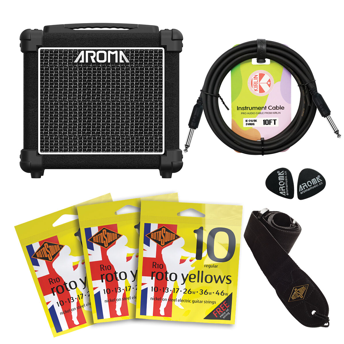 Northstar add-on guitar pack with Aroma AG10S amp, Rotosound 3-pack strings, Kirlin cable, picks, and merch